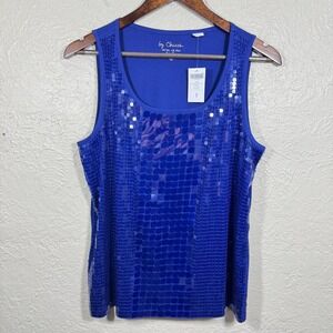 Chicos Sequin Top 1 Medium Square Paillette Tank Loyal Blue Modal Y2K Disco NWT‎